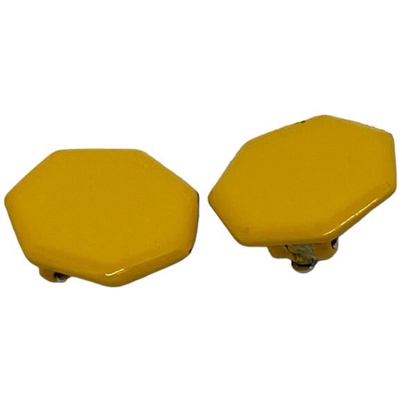 Vintage Yellow Hexagon Metal Clip-On Stud Button Earrings - Retro 80s - Picture 8 of 8